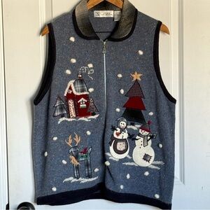 Studio Collection Christmas Vest Blue Festive with Snowman and Tree Design Sz XL